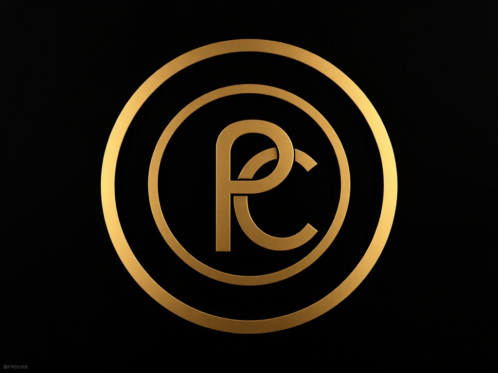 A minimalist round emblem with a stylized 'P' and 'C' intertwined, in brushed gold on a matte black background, centered and tightly cropped. Photorealistic, 8k, commercial photography style.
