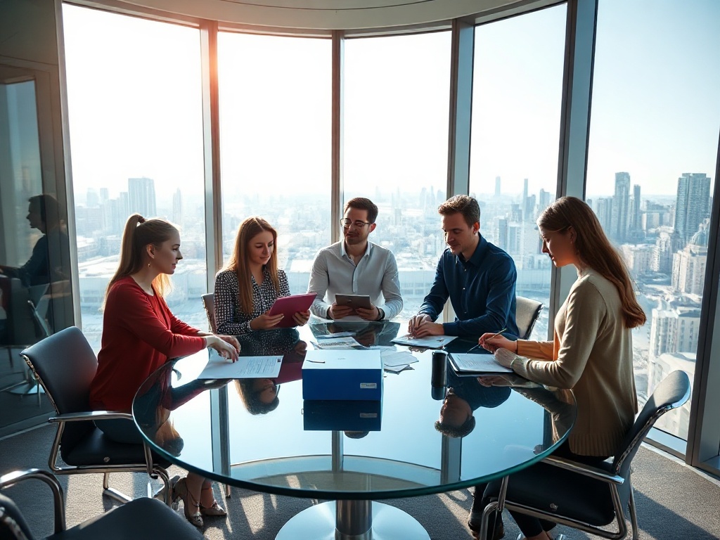 Diverse team of four in a modern glass boardroom, collaborating around a circular table with tablets and sketches, natural light streaming through floor-to-ceiling windows, city skyline visible. Photorealistic, 8k, commercial photography style.